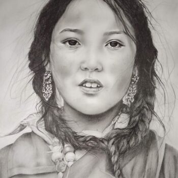 Dessin intitulée "Tibetan girl with b…" par Anastasiia Poberezhets, Œuvre d'art originale, Crayon