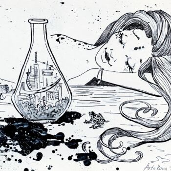 Tekening getiteld "In the bottle" door Anastasiia Potelova, Origineel Kunstwerk, Inkt