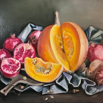 Painting titled "'Pomegranate-pumpki…" by Anastasija Terskiha, Original Artwork, Oil Mounted on Wood Stretcher frame
