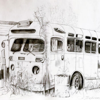 Disegno intitolato "'Abandoned bus'" da Anastasija Terskiha, Opera d'arte originale, Grafite