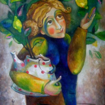 Картина под названием "Чайник с лимоном" - Anastasiya Balysh, Подлинное произведение искусства, Масло