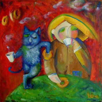 Картина под названием "Чай с котом, бергам…" - Anastasiya Balysh, Подлинное произведение искусства, Масло