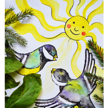 Dessin intitulée "солнечные синички" par Anastasiya Balysh, Œuvre d'art originale