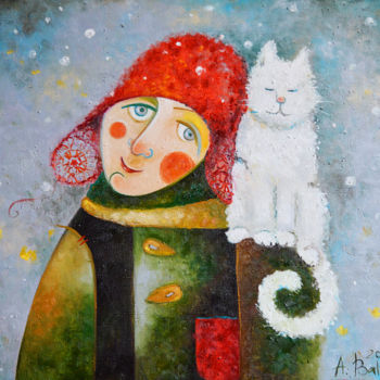 Painting titled "Снегокот" by Anastasiya Balysh, Original Artwork, Oil
