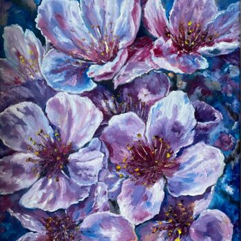 Painting titled "Sakura Painting Flo…" by Anastasiya Posylaeva, Original Artwork, Oil Mounted on Wood Stretcher frame