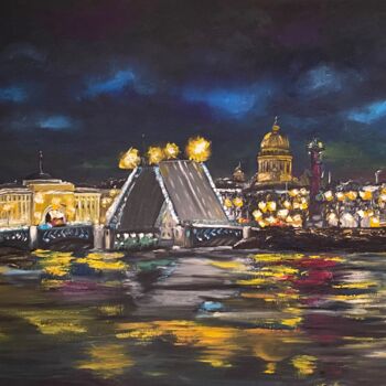 Painting titled "Night Cityscape Ori…" by Anastasiya Posylaeva, Original Artwork, Oil Mounted on Wood Stretcher frame