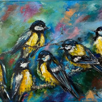 「Chickadee Painting…」というタイトルの絵画 Anastasiya Posylaevaによって, オリジナルのアートワーク, オイル ウッドストレッチャーフレームにマウント