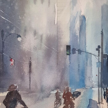 Schilderij getiteld "New york street" door Anastassiya Suslova, Origineel Kunstwerk, Aquarel