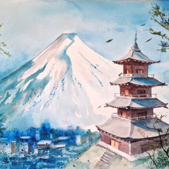 Painting titled "Fujiyama" by Anastassiya Suslova, Original Artwork, Watercolor Mounted on Cardboard