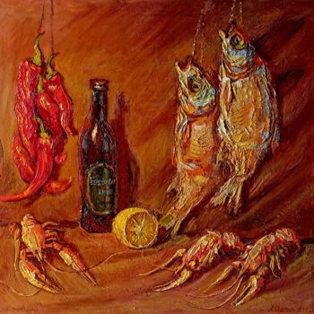 Картина под названием "Натюрморт с рыбами…" - Anatolii Cherniavckyi, Подлинное произведение искусства, Масло