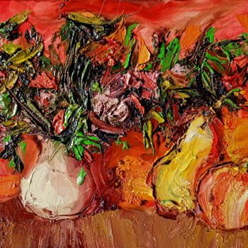 Pintura titulada "Натюрморт на красно…" por Anatolii Cherniavckyi, Obra de arte original, Oleo