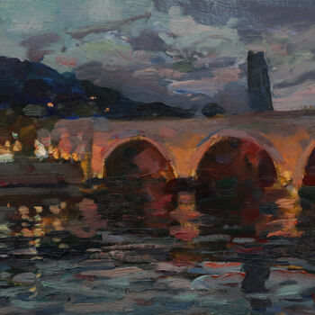 「Sunset at Saarbruck…」というタイトルの絵画 Анатолий Коробкинによって, オリジナルのアートワーク, オイル ウッドパネルにマウント