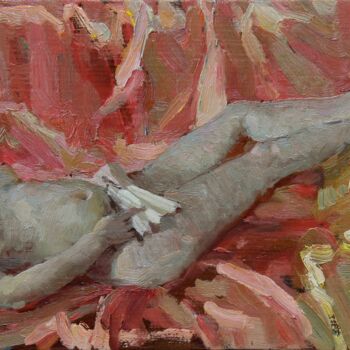Painting titled "Nude on red" by Anatolii Korobkin, Original Artwork, Oil Mounted on Wood Panel