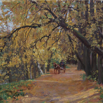 Painting titled "Autumn alley" by Anatolii Korobkin, Original Artwork, Oil Mounted on Wood Stretcher frame