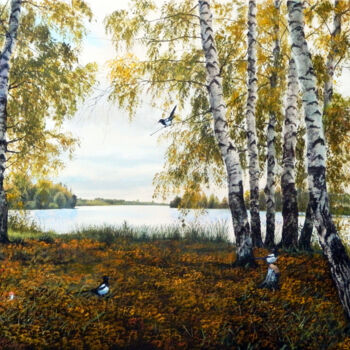 Painting titled "В березовом перелес…" by Anatolii Ergunov, Original Artwork, Oil