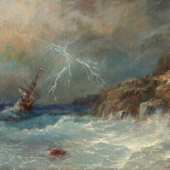 Pittura intitolato "Shipwreck at the co…" da Anatoliy Nozdrin, Opera d'arte originale, Olio