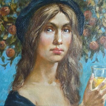 Картина под названием "Lady with a Glass o…" - Anatoliy Rozhanskyy, Подлинное произведение искусства, Масло Установлен на Де…