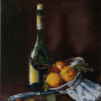 Painting titled "Botll and peaches" by Anatoly Usanov, Original Artwork