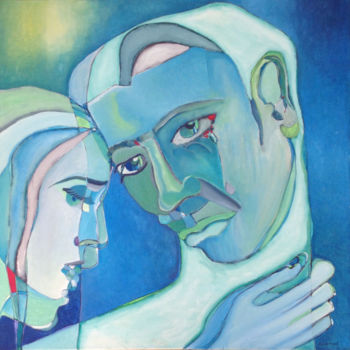 Painting titled "Couple au bleu" by Anaton, Original Artwork, Oil