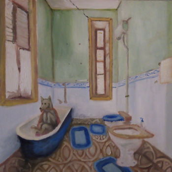 Painting titled "Dog in the bathroom" by Ana Valentim, Original Artwork, Oil