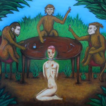 Painting titled "eat in the jungle" by Ana Valentim, Original Artwork, Oil