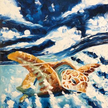 Painting titled "Serenity of the sea" by Anaya, Original Artwork, Oil Mounted on Wood Stretcher frame