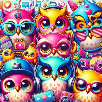 Digitale Kunst getiteld "Cheerful Owl family" door Anderson Soares, Origineel Kunstwerk, Digitale collage