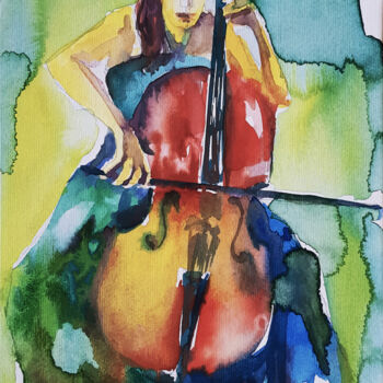 Drawing titled "Violoncello" by Andjela Milosevic, Original Artwork, Watercolor Mounted on Cardboard