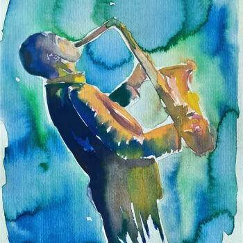 Desenho intitulada "Saxophone" por Andjela Milosevic, Obras de arte originais, Aquarela
