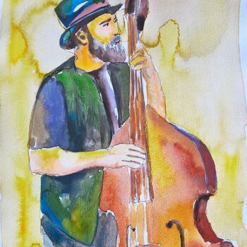 Painting titled "Contrabass" by Andjela Milosevic, Original Artwork, Watercolor Mounted on Other rigid panel