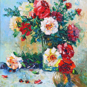 Painting titled "Roses Resplendence" by Andranik Harutyunyan, Original Artwork, Oil Mounted on Wood Stretcher frame