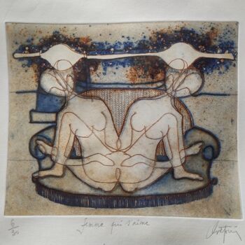 Gravures & estampes intitulée "Femme qui s'aime" par André Colpin, Œuvre d'art originale, Eau-forte