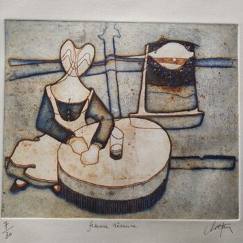 Printmaking titled "Femme rêveuse..." by André Colpin, Original Artwork, Etching