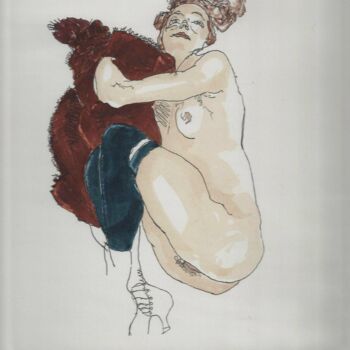 Gravures & estampes intitulée "Nu à la fourrure se…" par André Colpin, Œuvre d'art originale, Eau-forte