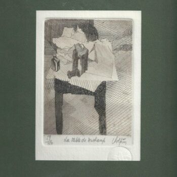Gravures & estampes intitulée "La table de Duchamp" par André Colpin, Œuvre d'art originale, Eau-forte