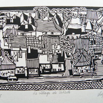 Incisioni, stampe intitolato "Le Village de Schie…" da André Colpin, Opera d'arte originale, Incisioni su linoleum