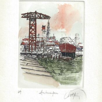 Gravures & estampes intitulée "Antwerpen - Le port…" par André Colpin, Œuvre d'art originale, Eau-forte