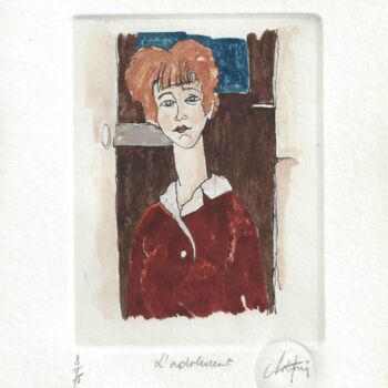 "L'adolescent" başlıklı Baskıresim André Colpin tarafından, Orijinal sanat, Oyma baskı 
