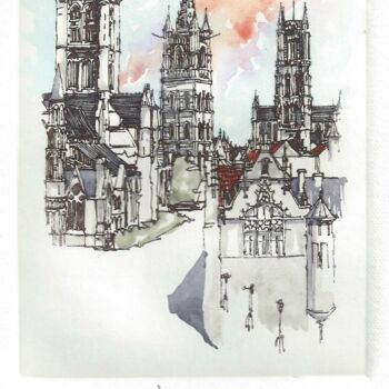 "Gent de drie Toren" başlıklı Baskıresim André Colpin tarafından, Orijinal sanat, Oyma baskı 