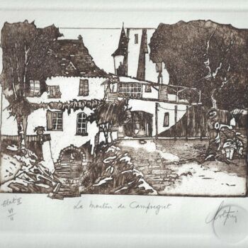 Printmaking titled "Moulin de Campsegret" by André Colpin, Original Artwork, Etching