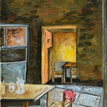 Painting titled "la table" by André Goinaud, Original Artwork, Oil Mounted on Wood Stretcher frame