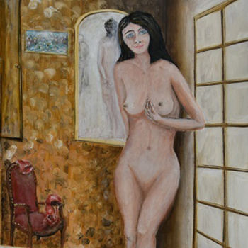 Malerei mit dem Titel "nue à la fenêtre" von André Goinaud, Original-Kunstwerk, Öl Auf Keilrahmen aus Holz montiert