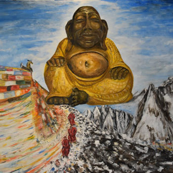 Painting titled "BOUDDHA (porte-bonh…" by André Goinaud, Original Artwork, Oil Mounted on Wood Stretcher frame