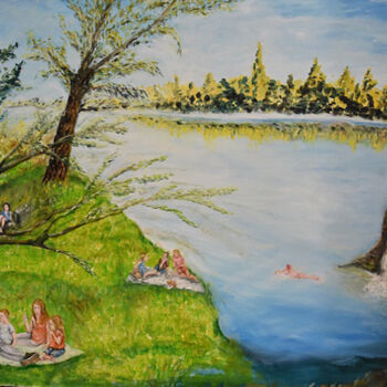 Malerei mit dem Titel "pique-nique au lac" von André Goinaud, Original-Kunstwerk, Öl Auf Keilrahmen aus Holz montiert