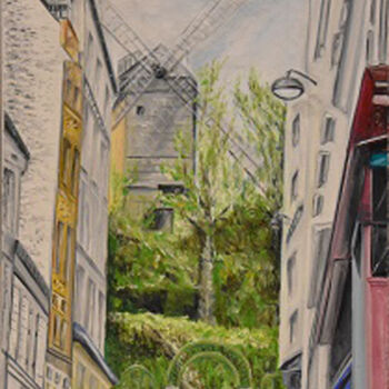 「Moulin de la Galett…」というタイトルの絵画 André Goinaudによって, オリジナルのアートワーク, オイル ウッドストレッチャーフレームにマウント