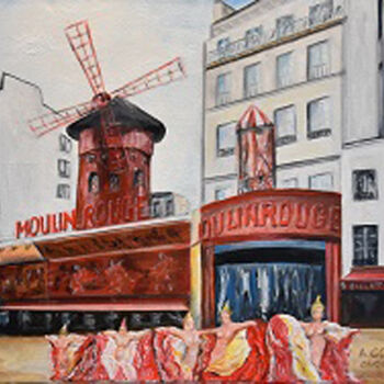 Schilderij getiteld "Moulin Rouge (Paris…" door André Goinaud, Origineel Kunstwerk, Olie Gemonteerd op Frame voor houten bra…