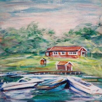 Peinture intitulée "ponton sur le fjord" par André Gueydon, Œuvre d'art originale, Huile