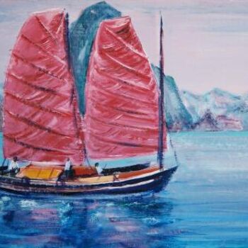 Peinture intitulée "embarcation vietnam…" par André Gueydon, Œuvre d'art originale, Huile