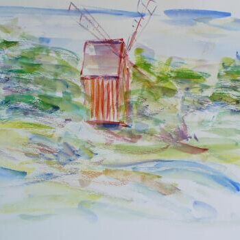 Peinture intitulée "moulin skansen stoc…" par André Gueydon, Œuvre d'art originale, Huile