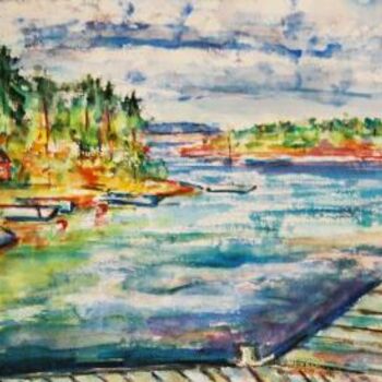 Peinture intitulée "ponton vers les île…" par André Gueydon, Œuvre d'art originale, Huile
